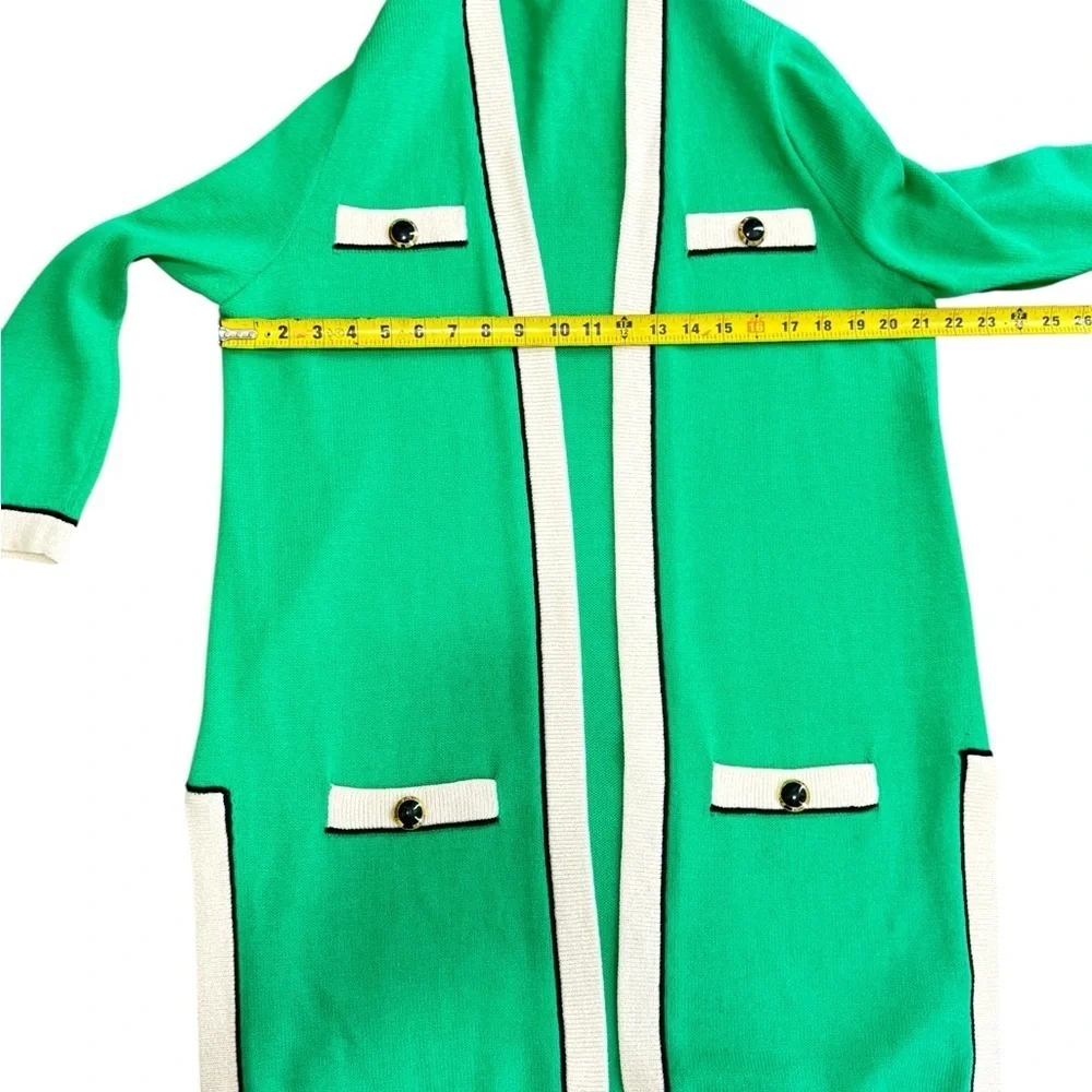 St. John Collection Long Green/Black Gold Buttons Open Front Cardigan Sz L P-38